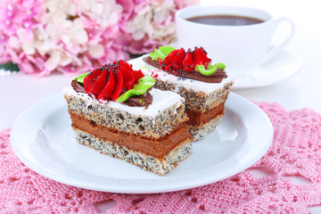 Tasty cakes on table close-up