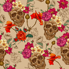 Skull and Flowers Seamless Background