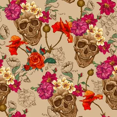 Tapeten Menschlicher Schädel in Blumen Nahtloser Hintergrund mit Totenkopf und Blumen