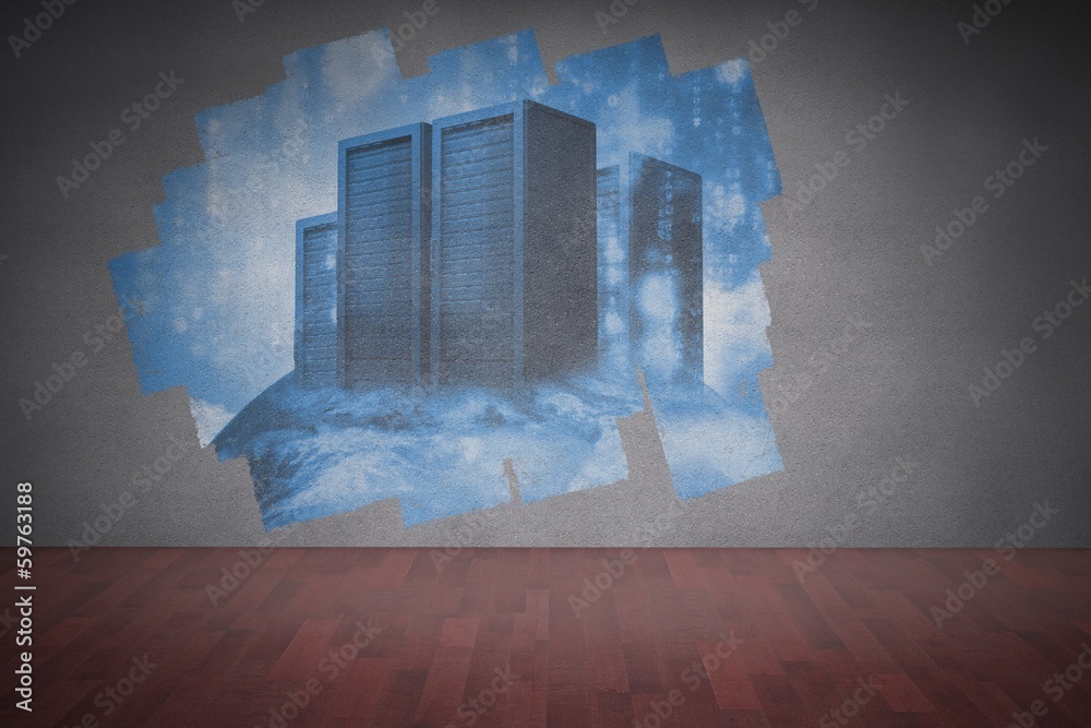 Poster display on wall showing server towers