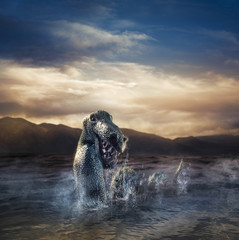 Fototapeta premium Straszny potwór z Loch Ness wyłaniający się z wody