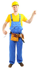 Portrait of young builder isolated on white