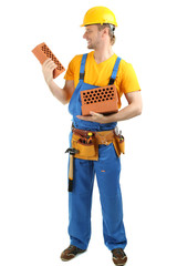 Portrait of young builder isolated on white