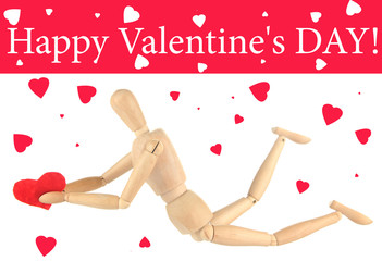 Wooden mannequin holding red heart isolated on white