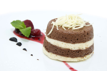 chocolate cream dessert on white background in restaurant