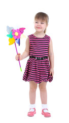 Beautiful little girl holding colorful windmill isolated