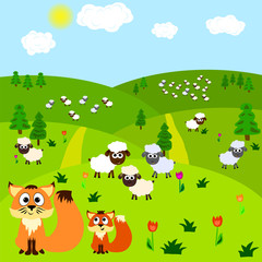Obraz na płótnie Canvas Cartoon background with fox and sheeps