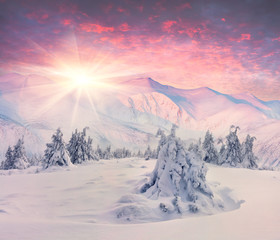 Beautiful winter sunrise in the mountains