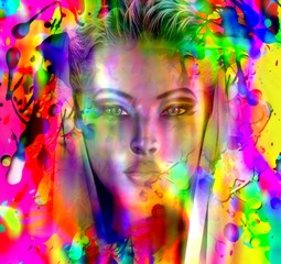 Beautiful face on abstract wet paint background