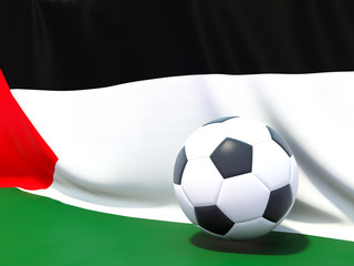 Naklejka premium Flag of palestinian territory with football in front of it