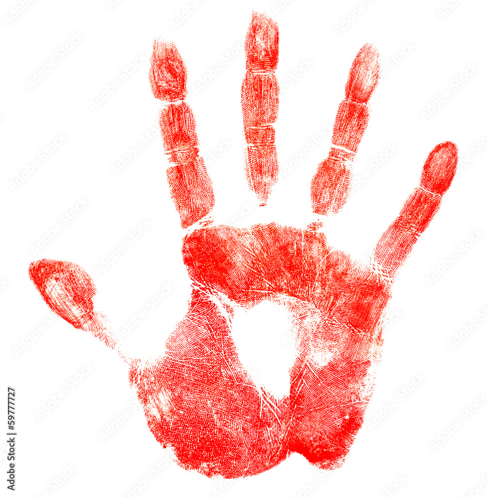 Wall mural Bloody red hand print isolated on white