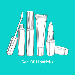 Set of lipstick and lip gloss on turquoise background