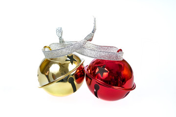 Red and Gold bells with a ribbon on them