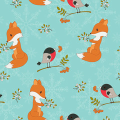 Winter cartoon forest animals seamless background