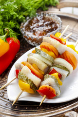 Shashlik made of fish and vegetables, party snack