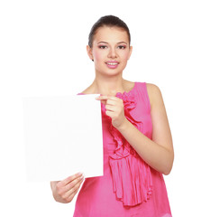 A smiling woman with a blank, isolated on white background.
