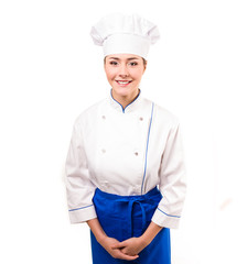 Chef woman. Isolated on white background.