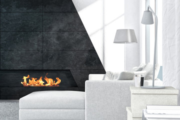 Contemporary white living room interior with fireplace