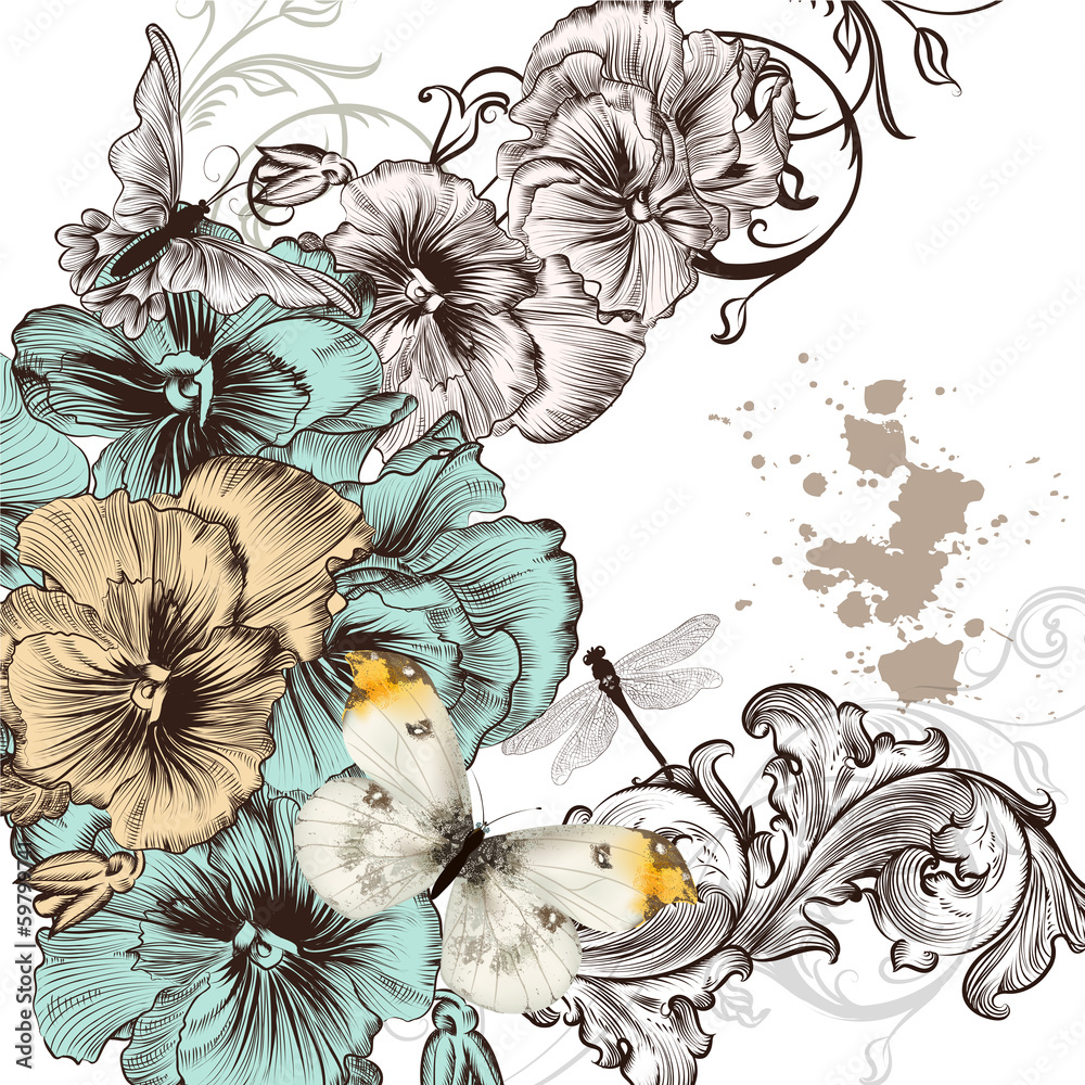 Fototapete Grunge vector background with violent  flowers for design