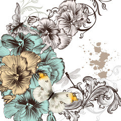 Grunge vector background with violent  flowers for design