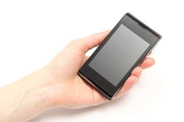 Hand of woman holding mobile smart phone with blank screen