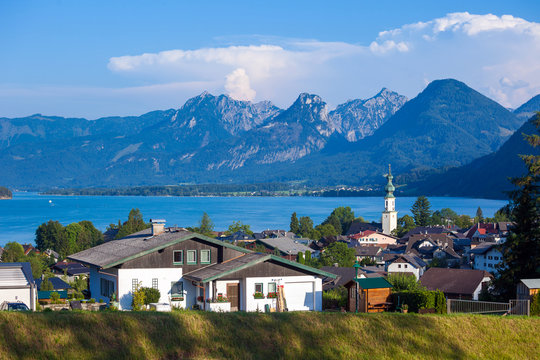 St. Gilgen and Wolfgang See lake with Sparber and Bleckwand peak