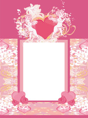 Fototapeta na wymiar happy valentines day vintage card with cupids and floral frame