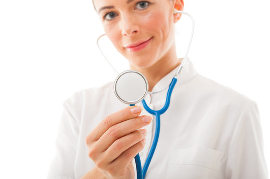 Smiling doctor show her stethoscope