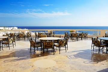 The sea view outdoor terrace of restaurant at luxury hotel, Shar