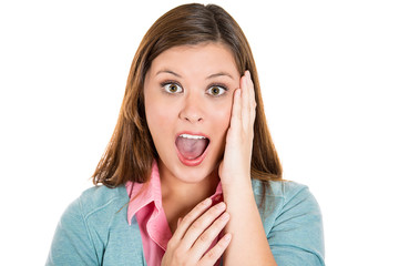 Fototapeta premium Shocked, surprised young woman in disbelief 
