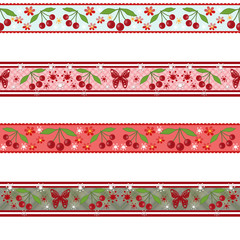 Pattern with cherries and butterflies on white