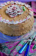 Chocolate cake with candied rose petals