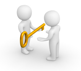 3d man giving golden key to another person