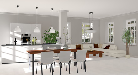 Wohnzimmer, Esszimmer, Küche
