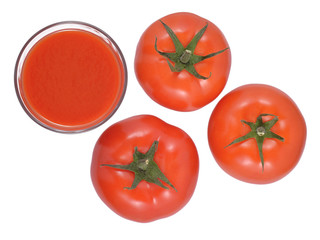 Tomato juice and tomatoes on a white