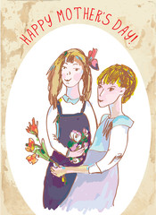 Happy mother's day vintage card with girls and flowers