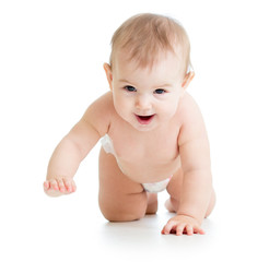 pretty crawling baby girl isolated on white background