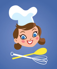 Happy chef woman with kitchen tools