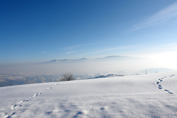 Fototapeta na wymiar Mountain horizon, Foot steps on the snow