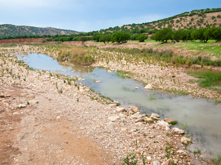 Panorama of the mountains with a stream on the sky background