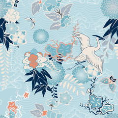 Kimonoachtergrond met kraanvogel en bloemen