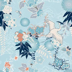 Gordijnen Kimonoachtergrond met kraanvogel en bloemen © Macrovector