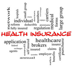 Health Insurance Word Cloud Concept in red caps