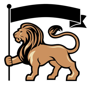 Lion Mascot Hold A Flag