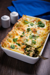 lasagne with salmon and spinach - obrazy, fototapety, plakaty