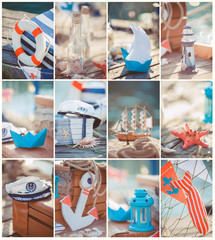 Composition of boats and nautical equipment. Sea theme decor