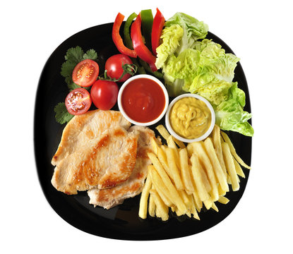 Men&uacute;,con pollo,patatas y ensalada