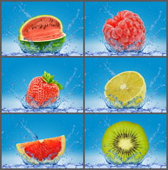 Owoce wpadające do wody - obrazy, fototapety, plakaty