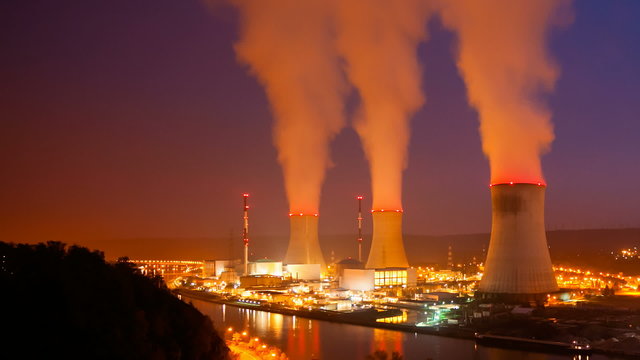 Nuclear Power Station At Night Time Lapse