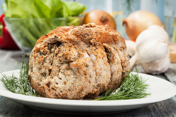 Pork lion roll stuffed with mushrooms
